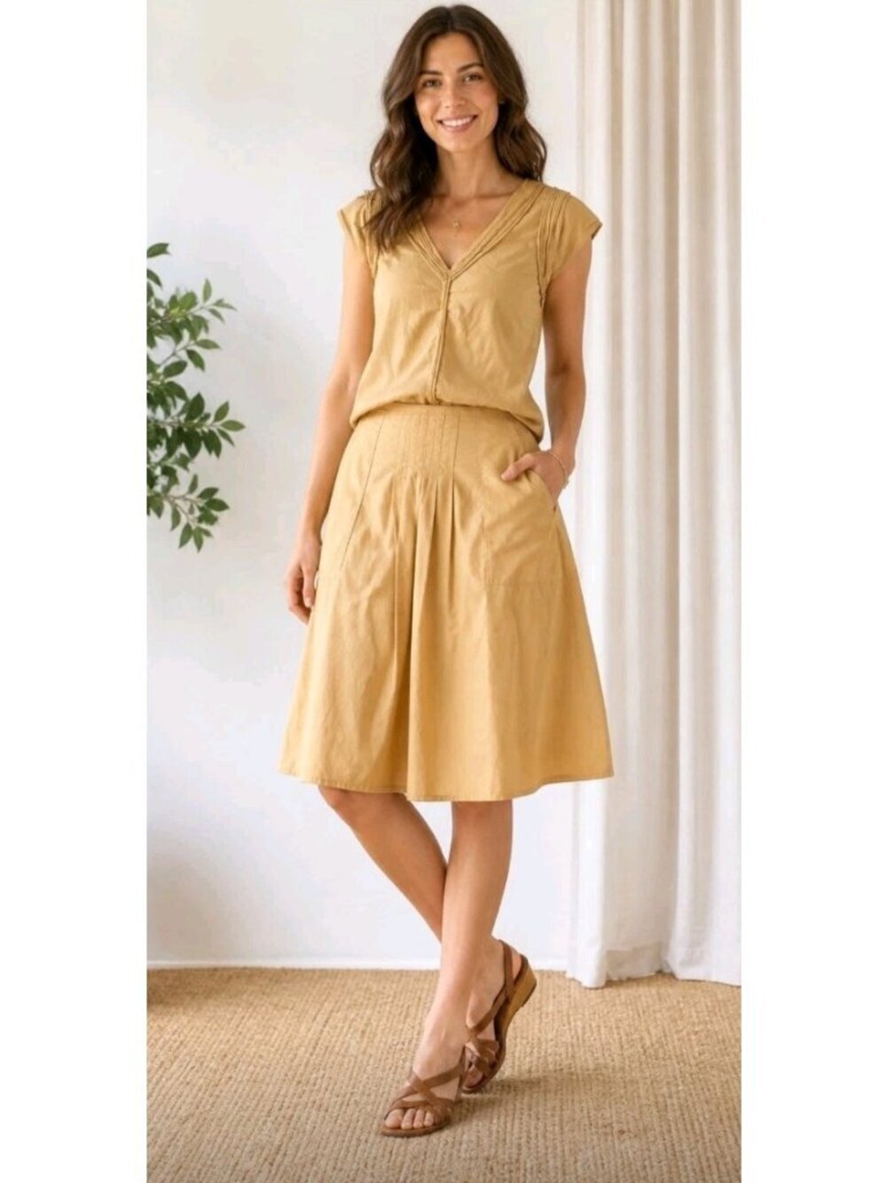 Womens Y2K Boho Cotton Skirt Set Minimalist Utility A-Line Stretch Sz 6 Mustard